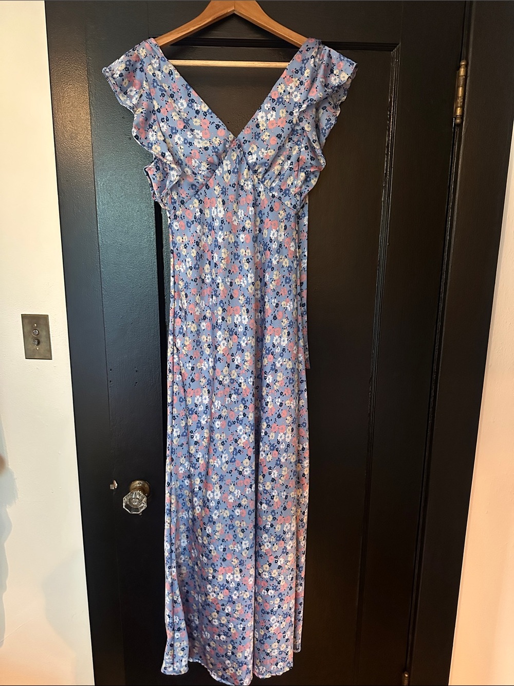 Floral Ruffle V-Neck Maxi dress- Light Blue
